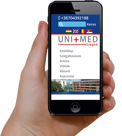 Uni+Med Szeged többnyelvű weboldala mobilon